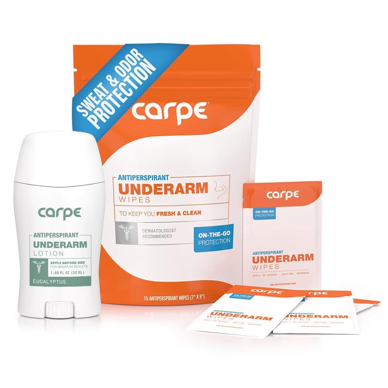 Carpe Antiperspirant Underarm and OnTheGo Wipes Package 1 Underarm Clinical Strength 15 Individual Antiperspirant OnTheGo Wipes Stop Excessive Sweat  Great for Hyperhidrosis